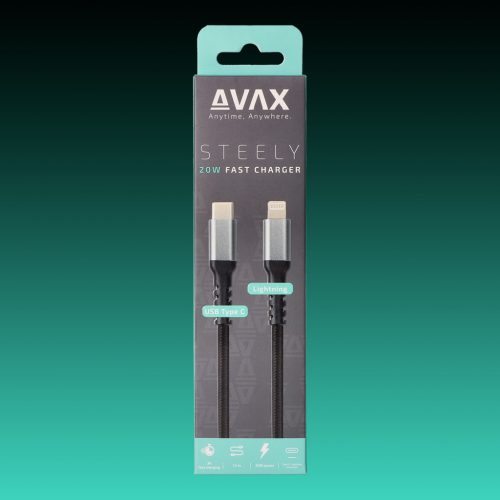 AVAX CB402G STEELY USB-C - Lightning gyorstöltő kábel 20W, sodorszálas, 3A, 1.5m acélszürke