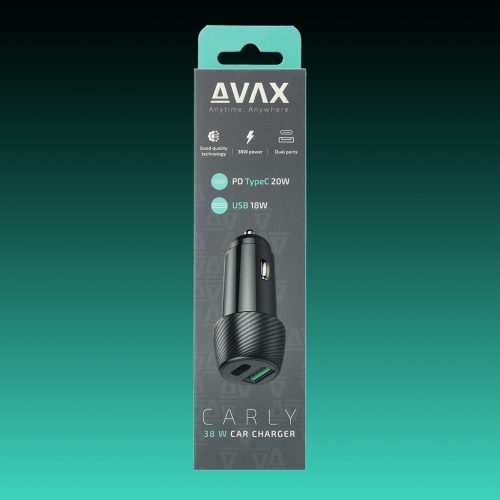 AVAX CC303B CARLY 38W Autós töltő USB-C (PD) + USB A (QC), fekete