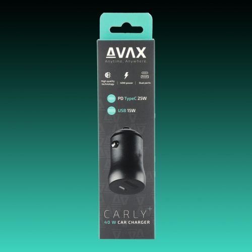 AVAX CC601B CARLY+ 40W Gyors autós töltő USB-C (PD) + USB A (QC), fekete