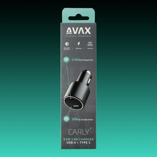 AVAX CC665B CARLY+ 83W Autós töltő USB-C (PD3.1) + USB A, fekete