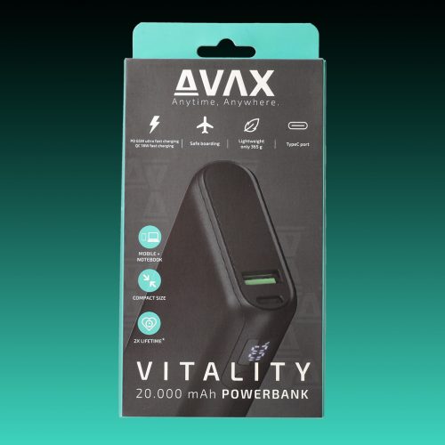 AVAX PB202B VITALITY PD/USB-C 65W+QC 18W 20.000mAh gyorstöltő powerbank, fekete